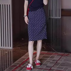 レトロな気質ブルー水玉スカート女性のための 2025 夏の新しい通勤多用途スリムハイウエストファッションミッドスカート