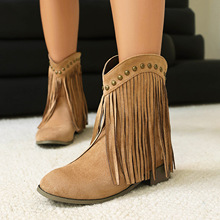 跨境外单2025年秋冬季新品低跟绒面40-48大码流苏靴铆钉休闲短靴