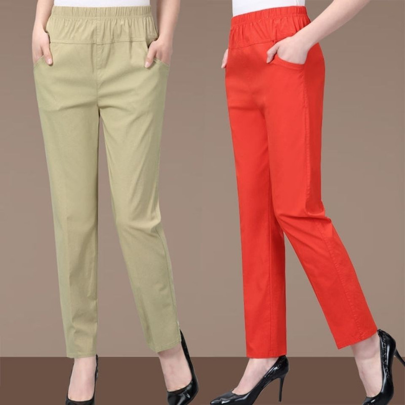 Middle-aged and elderly stretch cotton high-waist women's pants elastic waist solid color casual mother's pants loose straight nine-point high-elastic women's pants Middle-aged and elderly stretch cotton high-waist women's pants elastic waist solid color casual mother's pants loose straight nine-point high-elastic women's pants