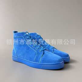 cl andgz男鞋蓝色绒面铆钉高帮系带红底鞋情侣款女鞋休闲运动板鞋