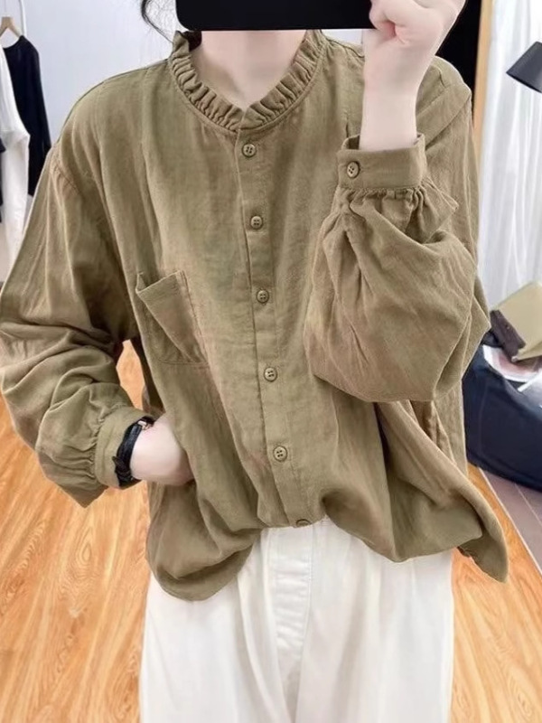 纯色长袖棉麻衬衫女春秋复古小个子宽松时尚百搭显瘦衬衣打底外穿|undefined