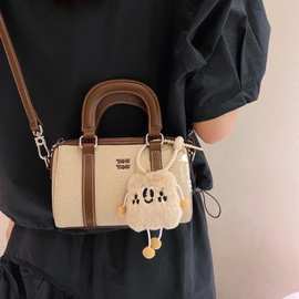 波士顿包包女2024高级感仿帆布百搭手提枕头包拼色斜挎包时尚冬季