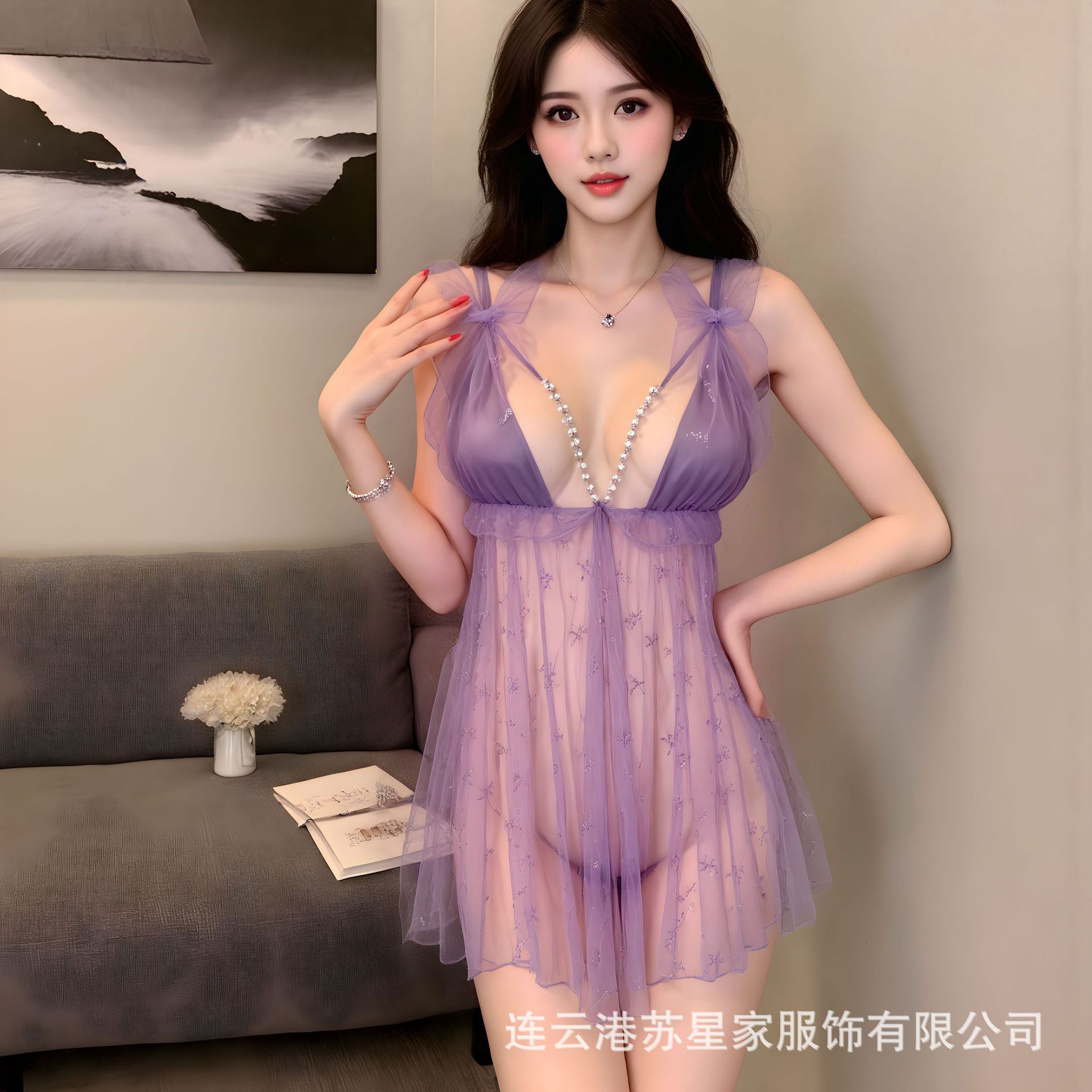 Su Xing 플러스 사이즈 섹시한 슬링 나이트가운 진주 오픈 크로트 투명 유혹 섹시한 이륙 속옷 침대 미끄럼 잠옷