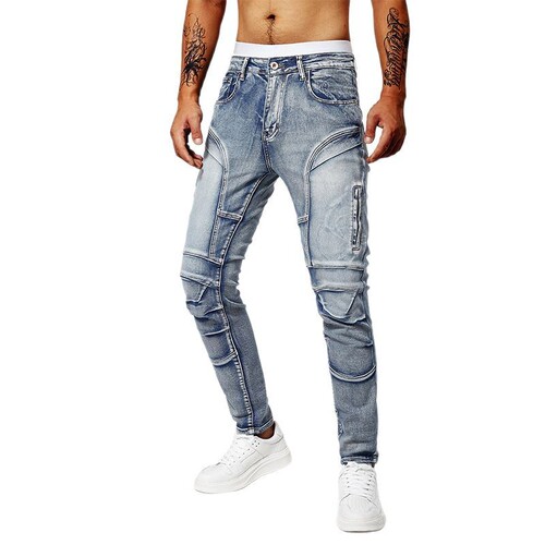 Stylish Men's High-Street Denim Jeans with Patches, Frayed Holes, Elastic Waist, and Slim Fit