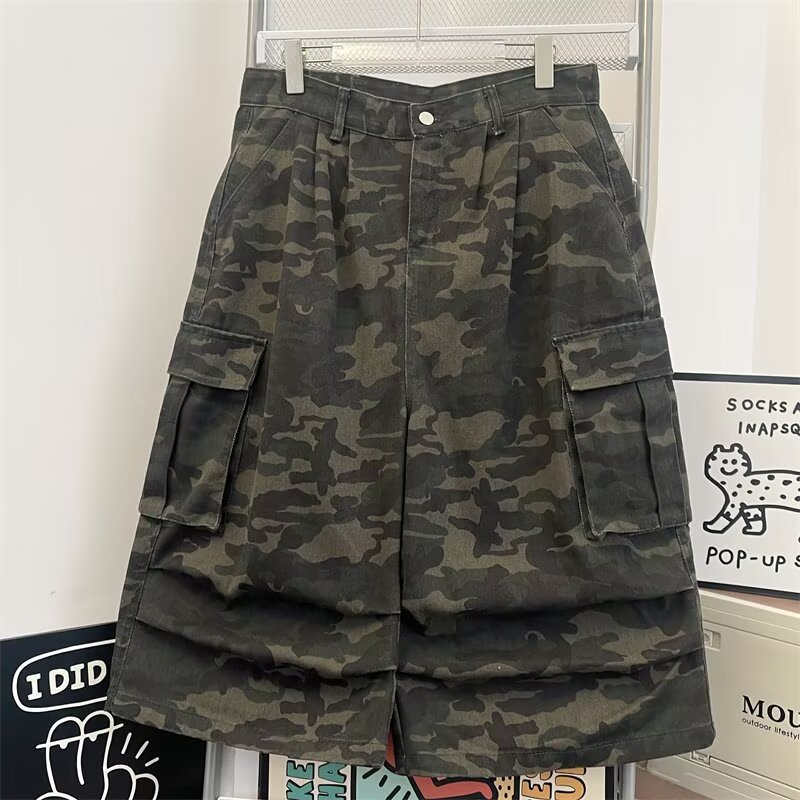 American Street Style Washed Camouflage Cargo Cropped Pants for Men, Summer Vibe Trendy Brand, Loose Casual Large Pocket Straight Pants