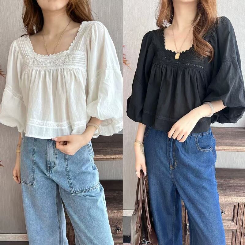 French-style niche 2026 spring-summer new collection gentle and delicate detail lace trim square-neck mid-sleeve age-reducing shirt top French-style niche 2026 spring-summer new collection gentle and delicate detail lace trim square-neck mid-sleeve age-reducing shirt top