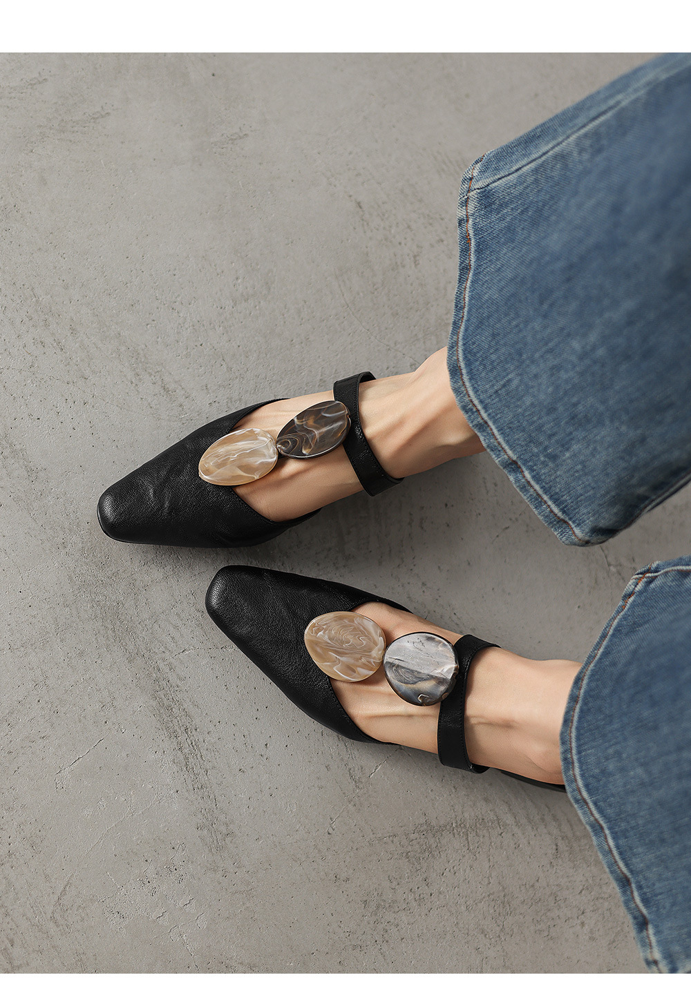 Sandal nữ da dê mũi kín gót thấp phong cách vỏ sò — đen chi tiết 24