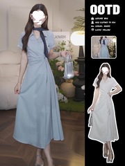 蓝色连衣裙女夏季2025新款独特小个子巨好看大方得体收腰绝美长裙