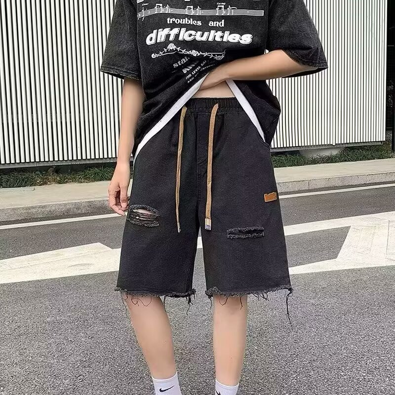 Washed Ripped Denim Shorts Men's Summer New Trendy Brand American Casual Raw Edge Design Loose Mid-Pants Men's Clothing