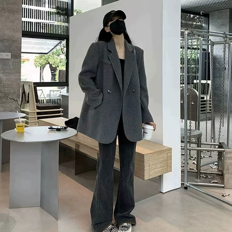 Толстый мм серый короткий шерстяной пальто женский осенний и зимний новый премиум-стиль костюм шерстяной шерстяной куртки [6651]