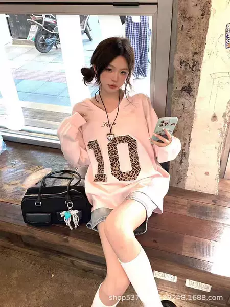 Fashionable American Pink V Neck Jersey Long-Sleeved T-Shirt for Women Spring 2025 New Oversize Leopard Print Top