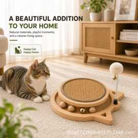 跨境木质猫抓板剑麻不掉屑猫咪抓板带轨道球宠物解闷逗猫玩具转盘