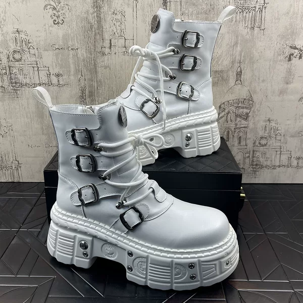 Thick-Soled Mid-Calf Martin Boots for Men, New Winter Hot-Selling High-Top Punk Style Height-Increasing Short Boots, Trendy White Boots for Men