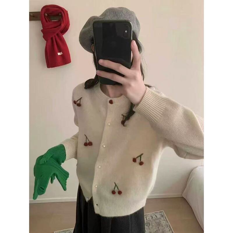 Korean-Style Sweet Cherry Embroidered Knitted Cardigan for Women, New Autumn and Winter Design Sweater Jacket, Versatile and Age-Reducing Top Korean-Style Sweet Cherry Embroidered Knitted Cardigan for Women, New Autumn and Winter Design Sweater Jacket, Versatile and Age-Reducing Top