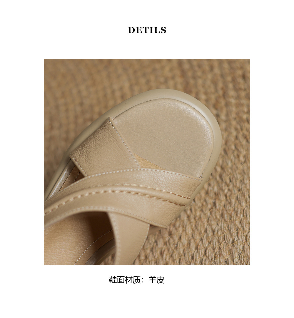 Sandal hở ngón gót thô da cừu quai ngang La Mã đế dày gót 6 cm — Màu trắng be chi tiết 18