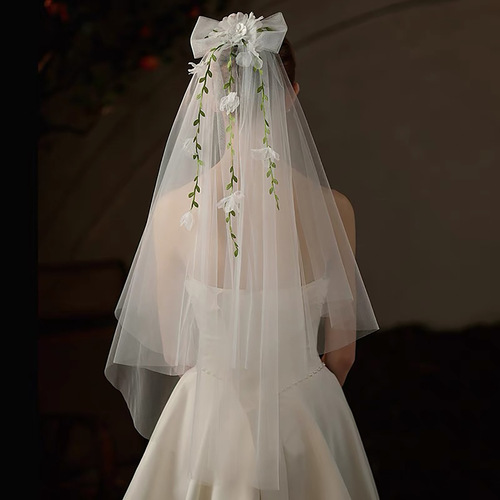 Beaded Ribbon Large Butterfly Bow White Veil Hair Comb Wedding Party Bride Veil Wedding Attire Lace Net Fabric Accessory