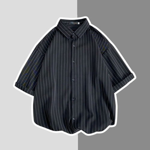 Summer Japanese Striped Casual Solid Color Short-Sleeve Shirt, Hong Kong Style Fresh Casual Literary Versatile Short-Sleeve Shirt