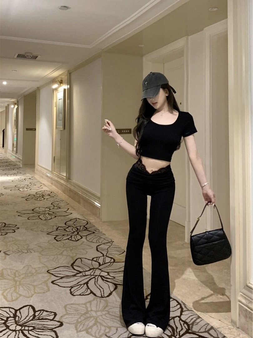 Lace Splicing Micro-Flared Casual Pants for Women 2024 Spring and Autum High-Waisted Slim Straight Yoga Pants Sexy Floor-Length Pants