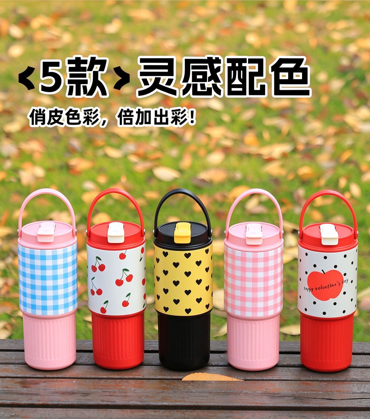 New 304 Stainless Steel Thermos Cup Creative Plaid Pattern Large Capacity Insulated Cup with Handle and Straw Car Cup Wholesale