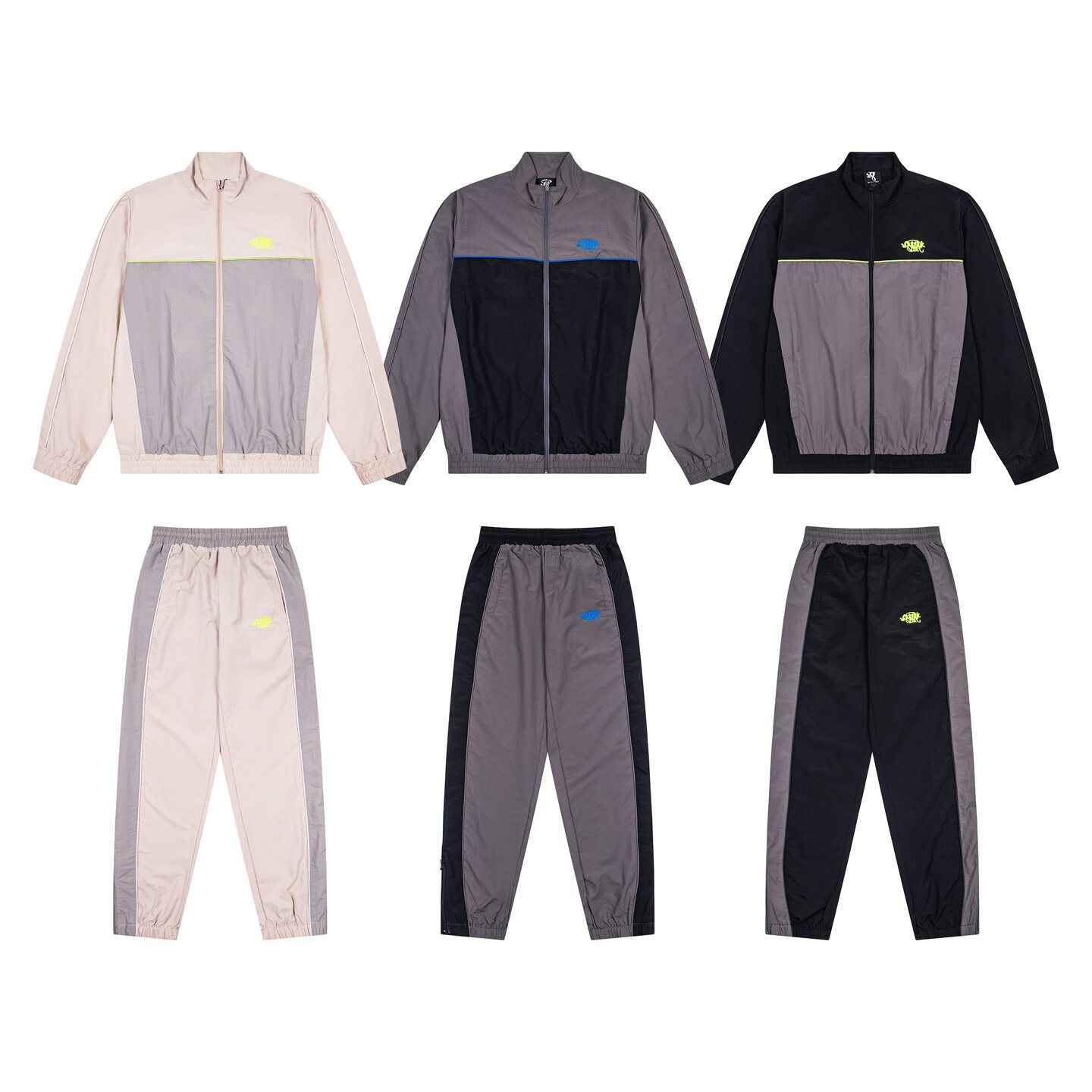 syna world retro sports style color-blocked thin suit for men and women, embroidered casual zip-up jacket and pants