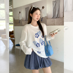 韩系甜美印花圆领长袖体恤女2025夏季新款设计感宽松显瘦绝美上衣