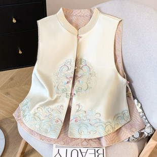 K6F2025 New Double-Sided Reversible Satin Retro Chinese-Style Vest with Heavy Embroidery, Chinese-Style Stand Collar, and Button Closure