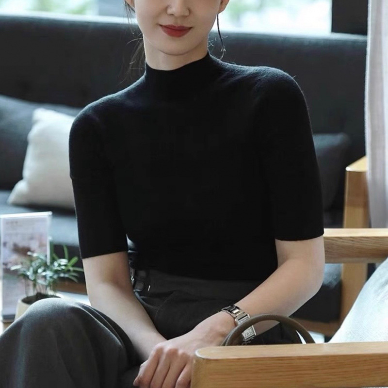 French-style Black Wool Half-high Collar Base Shirt Shoulder Short-sleeved Women's Spring and Autumn Slim-fit Light Luxury Sense Middle-sleeved Inner Top