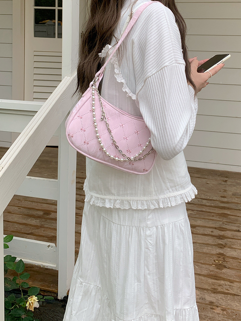 181g Weight Pearls, Sewing Thread, Chain Fashion Element Zipper Closure Type Single Shoulder Strap Strap Type Shoulder Bag Bags Type Casual, Daily, Shopping Occasion Pu Leather Material Solid Color, Bow Knot Pattern All Seasons Season Women's Gender Cute Style Square Shape Women's Pu Leather Solid Color Bow Knot Cute Pearls Sewing Thread Chain Square Zipper Shoulder Bag 3