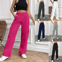 2025 秋冬アマゾンヨーロッパとアメリカのクロスボーダー女性の新しいファッションサイド財布多用途ソリッドカラーストレートワイドレッグスウェットパンツ