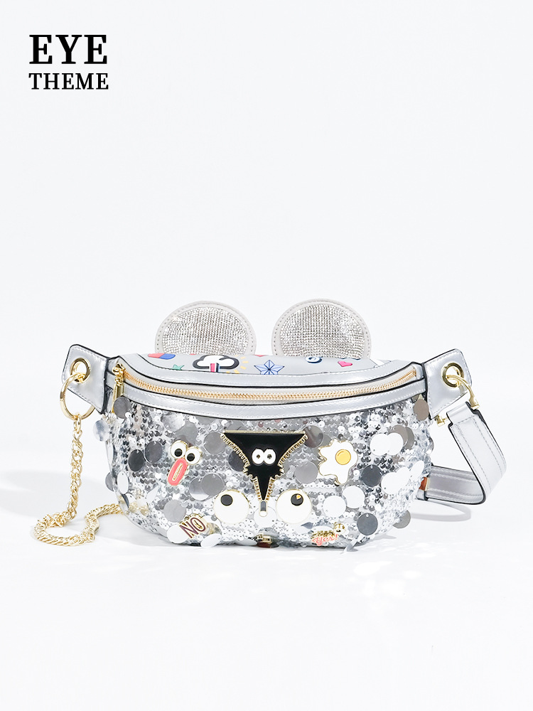 Bolso de pecho de cadena de tendencia unisex para mujer Bolso de impresión de un solo hombro con diseño de lenta de dibujos animados lindo 2607 #