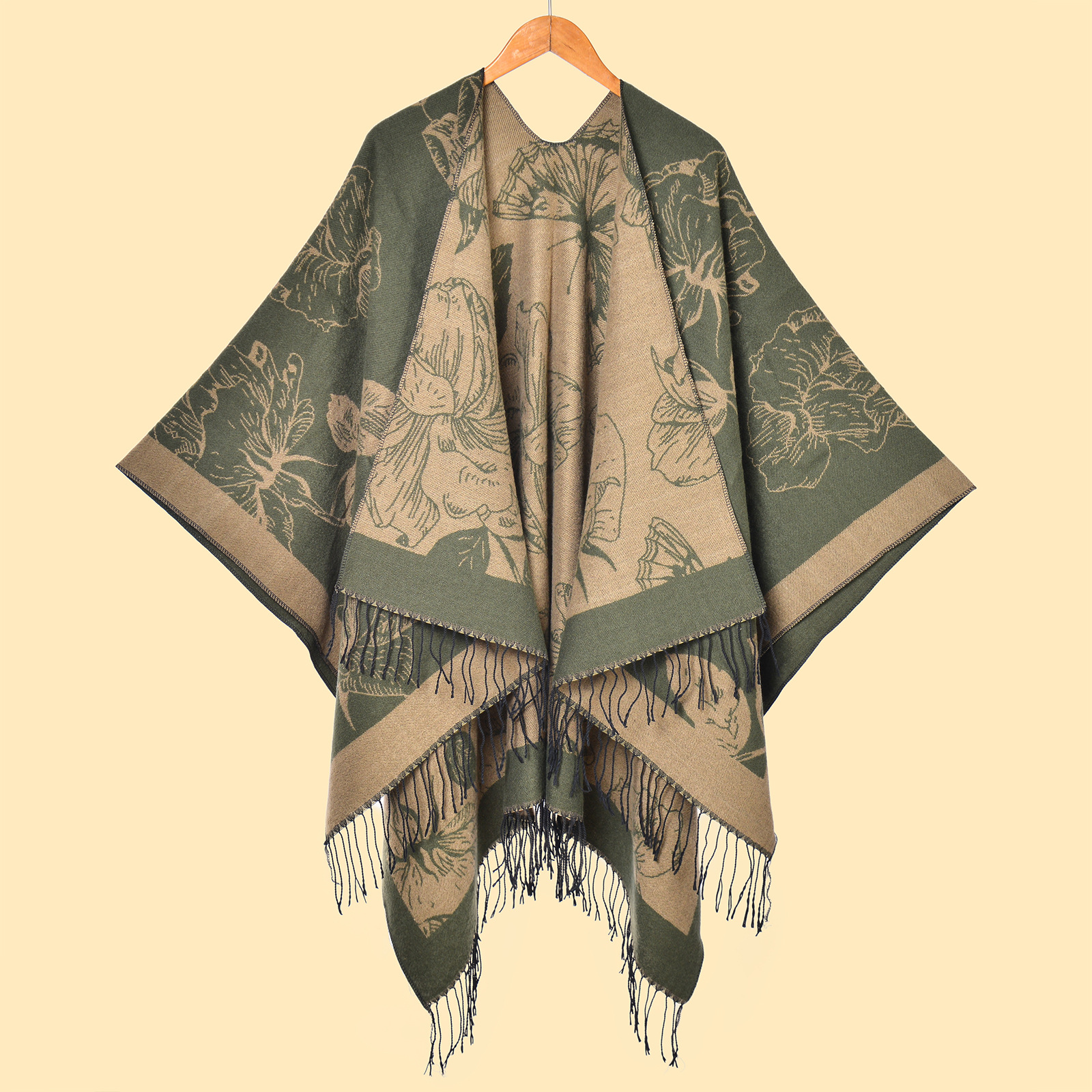 Nueva moda femenina europea y americana, flores grandes, borlas, puntas abiertas, capa de chal cálido de doble cara, venta caliente transfronteriza, capa de cachemira de imitación