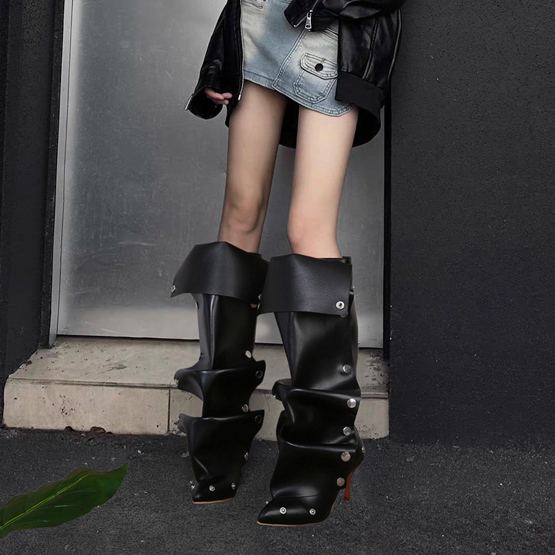 大码纽扣拼接两穿堆堆靴2025新款辣妹高跟时装靴女尖头细跟长筒靴|undefined