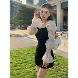 法式气质名媛抹胸小黑裙女轻奢泡泡袖小礼裙甜辣风性感显瘦连衣裙