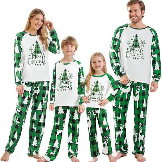 情侣圣诞节睡衣棉家庭装欧美插肩圣诞亲子家居服套装格子花纹拼接