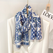 【批发】青花真丝丝巾女小长条桑蚕丝春秋季洋气百搭杭州丝绸飘带