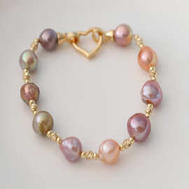 欧美跨境时尚粉色珍珠爱心扣手串潮流个性串珠饰品手链节日礼物女