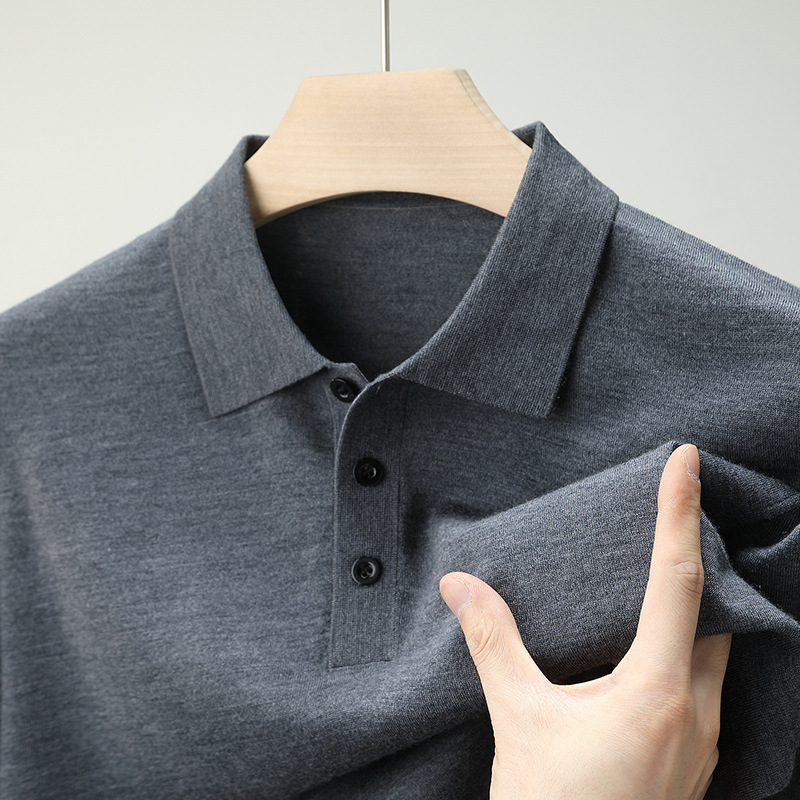 26 Spring/Summer Men's Middle-Aged 100% Fine Wool Short-Sleeve T-Shirt Thin Knitwear with Turn-Down Collar, Machine Washable