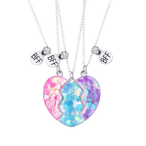 Cross-border hot selling best friends three best friends children's necklace alloy sequins love pendant magnet stone necklace set