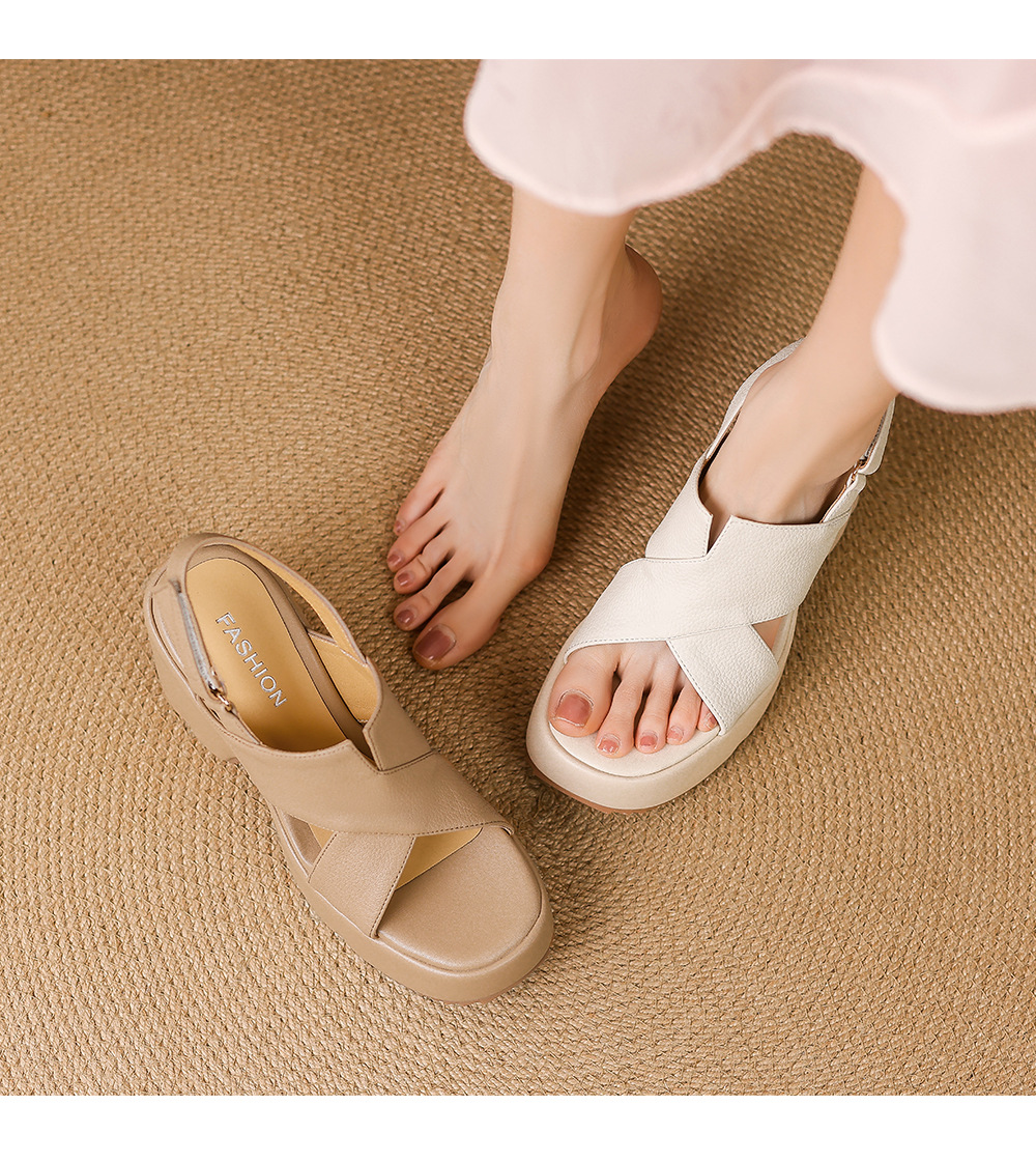 Sandal cao gót nữ hở mũi đế xuồng 10 cm da thật phong cách La Mã — màu trắng ngà, màu mơ chi tiết 12