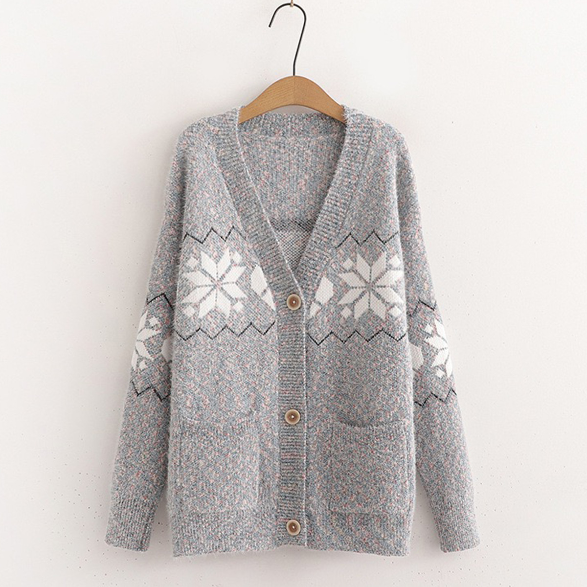 Women's V-Neck Snowflake Jacquard Cardigan – Soft Chenille Knit Sweater With Button Front, Cozy Oversized Pullover For Fall & Winter_voghion.com