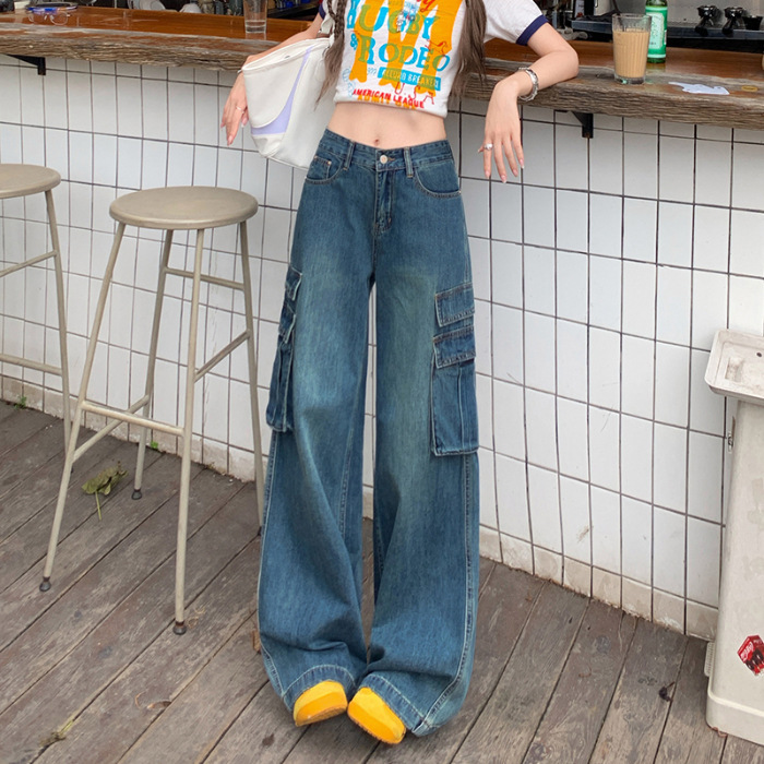 美式复古水洗工装牛仔裤女2025春秋新款高腰宽松显瘦直筒阔腿长裤|undefined