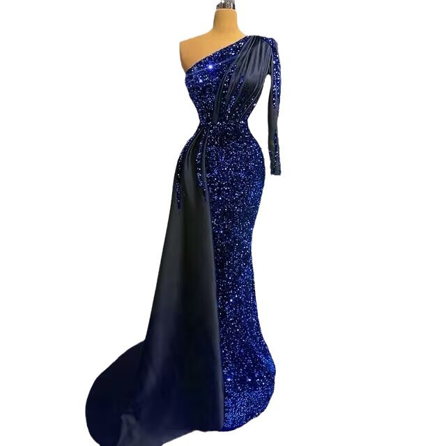 Europa y los Estados Unidos comercio exterior Amazon AliExpress Wish damas veludo largo un hombro de manga larga satén de cola de pescado vestido de boda