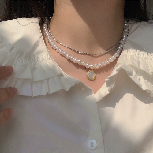 Sparkling + alien pearl necklace ~ stacked super temperament clavicle chain niche ins cold style necklace for women