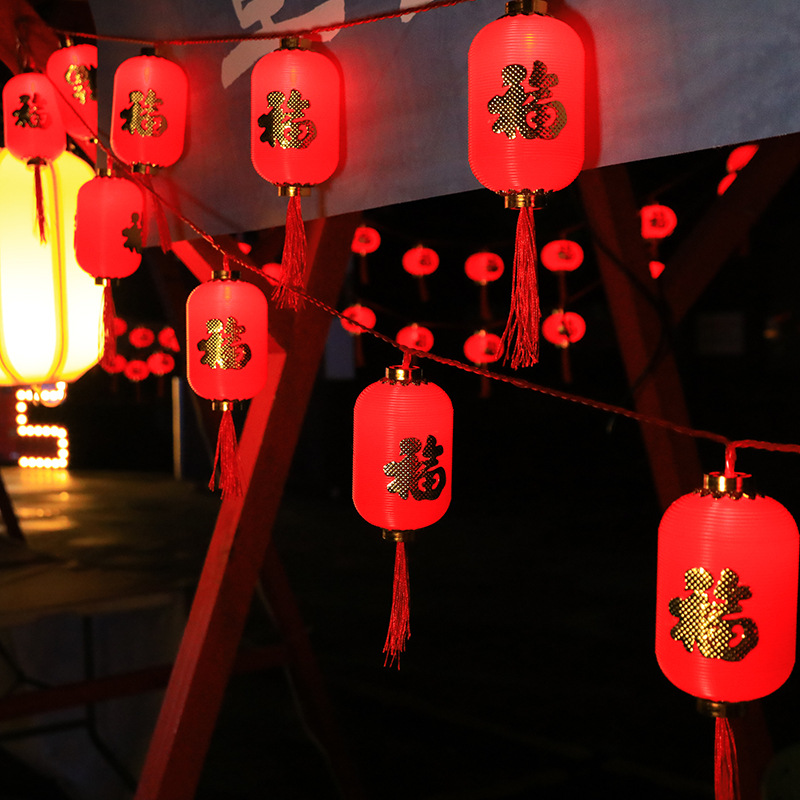 Solar al aire libre rojo linterna cadena Año Nuevo Festival de Primavera borla fu carácter rojo linterna cadena linterna luces decorativas de colores
