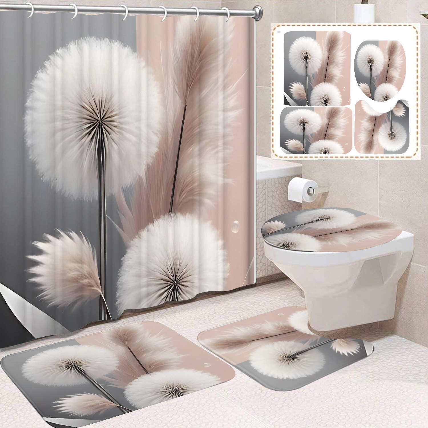 Flor blanca cortina de baño inodoro cortina de partición impermeable de baño cortina de lavado separación seca y húmeda cortina de puerta colgante sin agujeros
