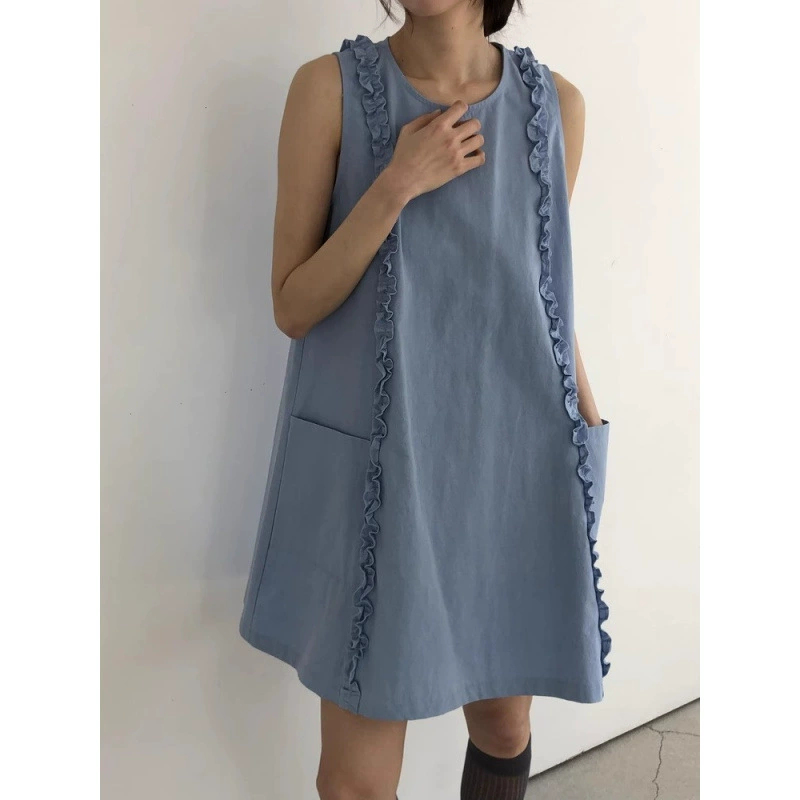 В наличии корейское нишевое дизайнерское лоскутное платье-жилет с рюшами и рукавами Dongdaemun для женщин