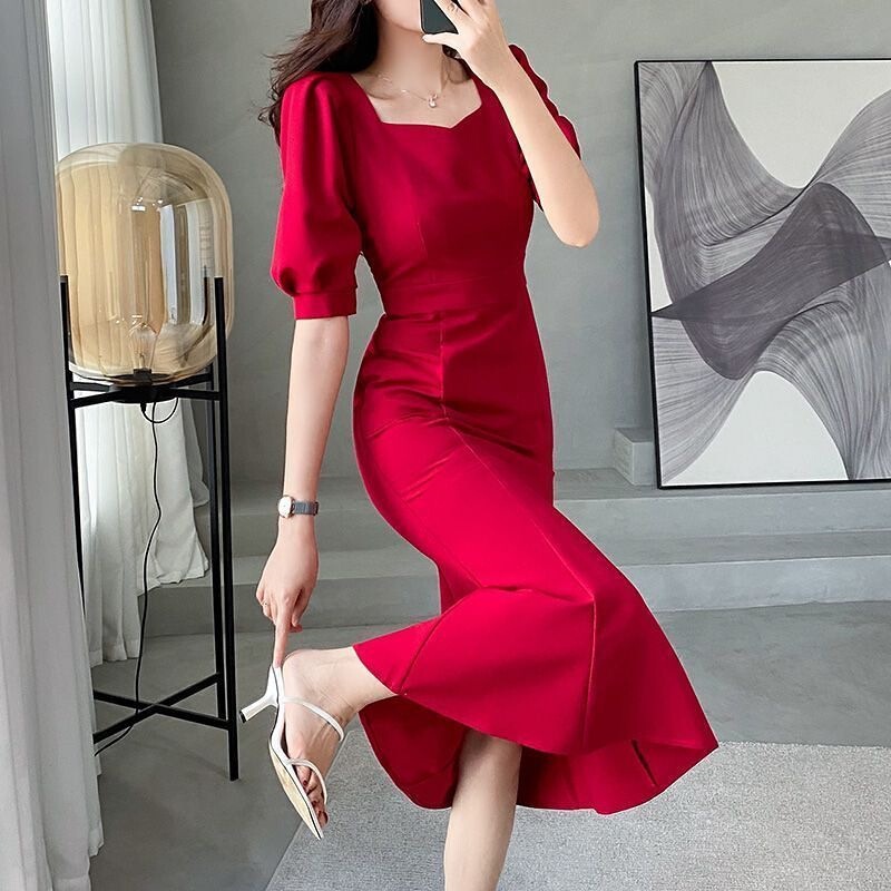 2026 Summer Plus Size Elegant Goddess Style Socialite Puff Sleeve Evening Dress Square Neck Mermaid Dress Trendy