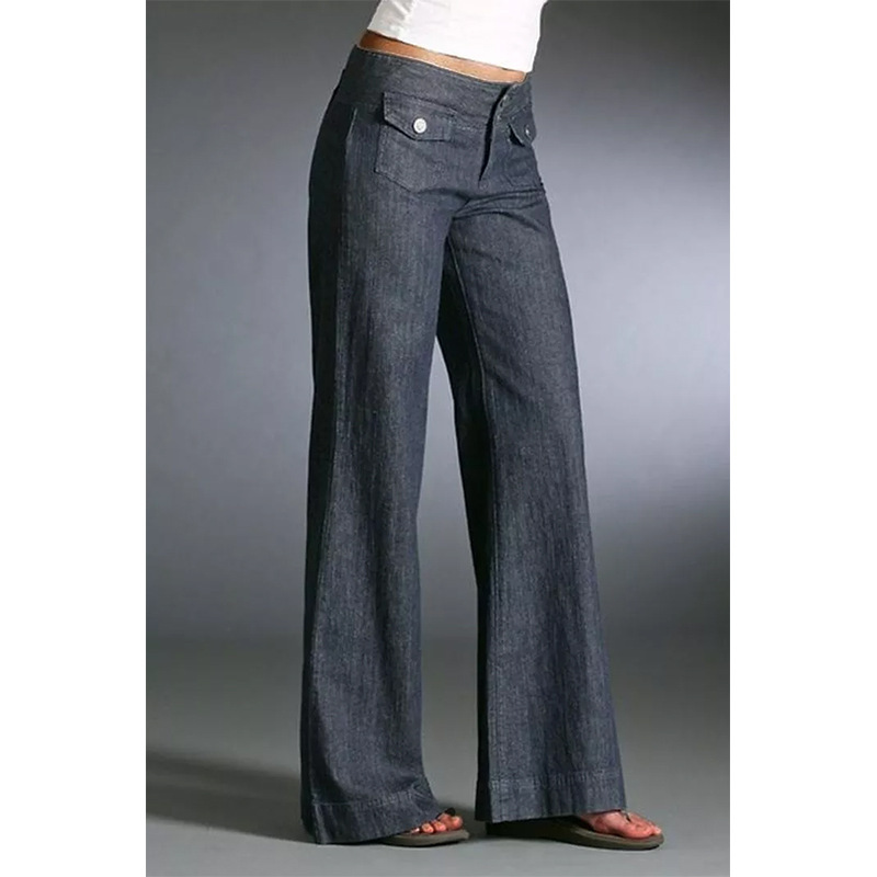 2022 Cross-Border Export Fashion Item European and American Hot Style Front Flap Pocket Pants Button High Wide Leg Denim Pants