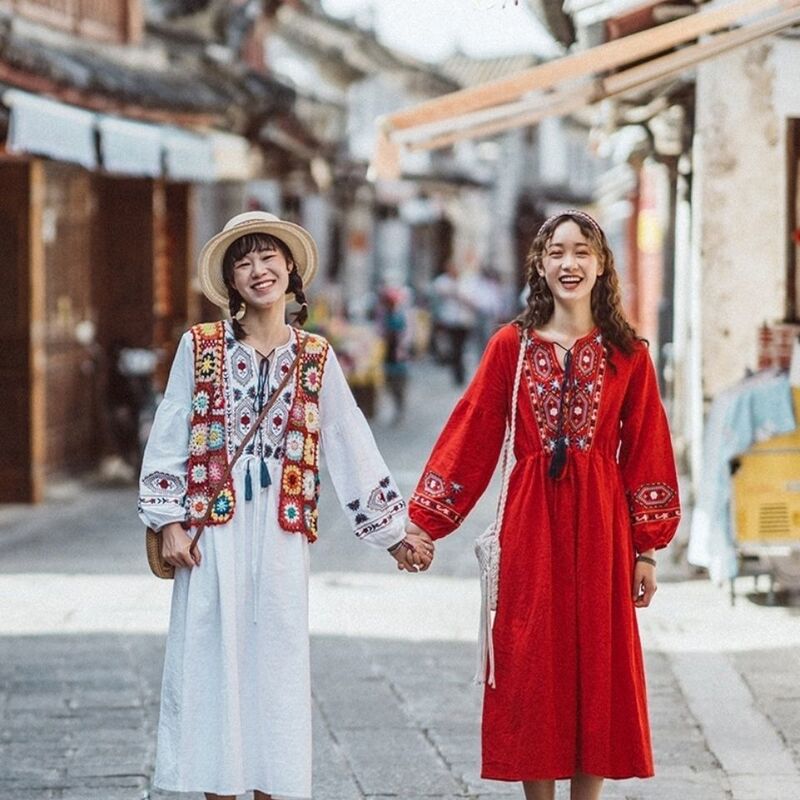 Xizang Yunnan Ethnic Style Long Skirt Embroidered Cotton and Linen White Dress Vacation Travel Dress Super Fairy Travel Women's New Fashion Xizang Yunnan Ethnic Style Long Skirt Embroidered Cotton and Linen White Dress Vacation Travel Dress Super Fairy Travel Women's New Fashion