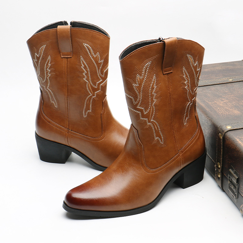 Western cowboy boots Hipster men's shoes Workwear Stylish retro zip boots_vogvips.com
